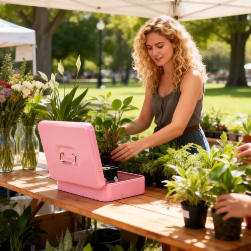 Jssmst Metal Cash Box with Money Tray and Lock, Portable Cash Drawer, 11.8" - color: Pink Key