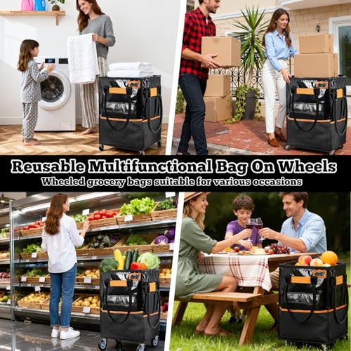 Reusable Grocery Bag on Wheels, 75L Large-Capacity Zippered Roller Tote, Carries Up to 66 LBS, Lightweight for Groceries, Laundry, Moving, Storage - size: Medium