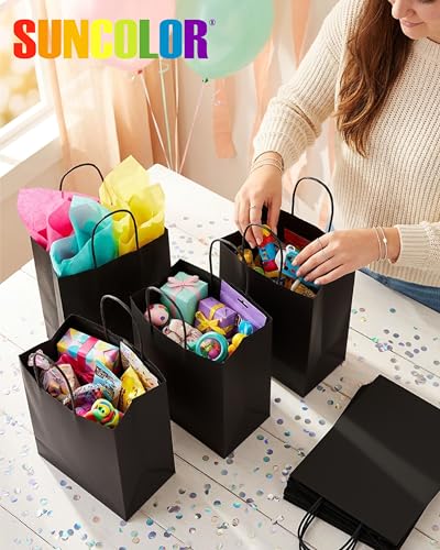 SUNCOLOR 25-Pack Black Gift Bags with Handles, 8x4.5x10 Inch Medium Kraft Paper Bags for Party Favors, Retail, Halloween, Weddings - color: Black