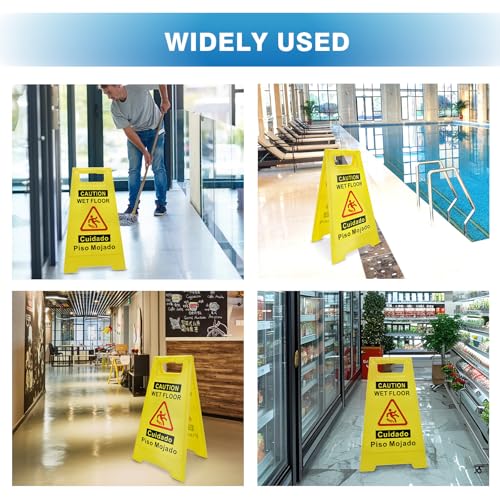 2 Pack Caution Wet Floor Sign, 17.5" Height, Bright Yellow, Double-Sided A-Frame Safety Caution Sign Commercial, Bilingual Caution Message