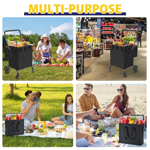 Shopping Cart for Groceries, Folding Utility Cart with Waterproof Liner and Insulated Cooler Bag, 360° Swivel Wheels Height Adjustable Portable Grocery Cart for Condo Laundry Transport Trip - size: Medium+ Insulated Bag