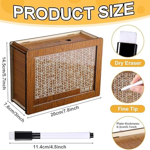 10000 Savings Challenge Box, Cashbox Kakeibo Money Saving Box, Money Vault Saving, Wood Money Box, Gadget Gift Decoration for Teens and Adults for Christmas, Easter, Valentines Day