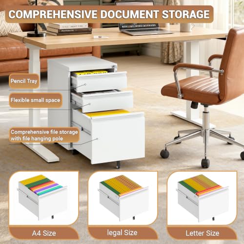 3 Drawer Mobile File Cabinet with Lock, White Metal - color: White