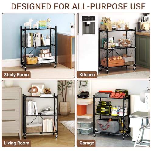 black leopard 3-Tier Foldable Metal Storage Shelf with Wheels, Black - color: Black, size: 3-Tier