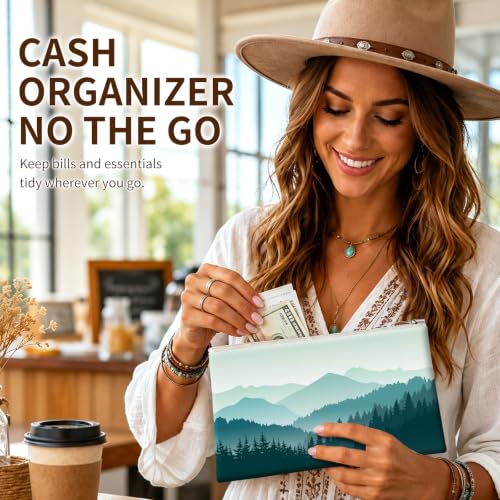 Money Bag with Zipper, Cute PU Leather Cash Bags, Portable Bank Bag Money Pouch for Cash, Coins, Checks, Receipts, Invoices Cosmetics Tools, Deposit Bag for Office Travel, Green Mountain - color: Green Mountain