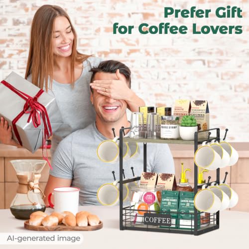 EsLuker.ly Coffee Mug Cup Holder Tree Bar Station Organizer, 2 Tier Grey Oak - color: Grey Oak + Black