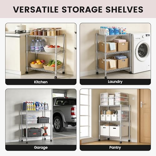 Storage Shelves - 3 Tier Metal Shelving Unit, 14"D×24"W×30"H, Chrome - color: Chrome, size: 14"D X 24"W x 30"H, 3 Tier