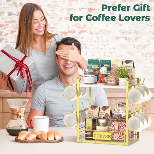 EsLuker.ly Coffee Mug Cup Holder Tree Bar Station Organizer, 2 Tier Gold - color: White + Gold