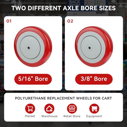 5" Wheels for Cart, 3/8" Axle Polyurethane Shopping Cart Wheels Replacement Casters 1200lbs Total Capacity (4-Pack 3/8" Bore, Red) - style: Red(3/8'' Bore)