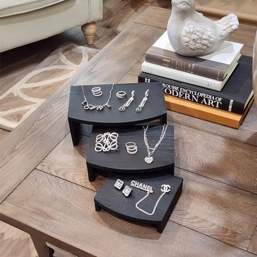 MOOCA 3-Piece Wood Hexagon Jewelry Display Stand Risers for Accessories - color: Black