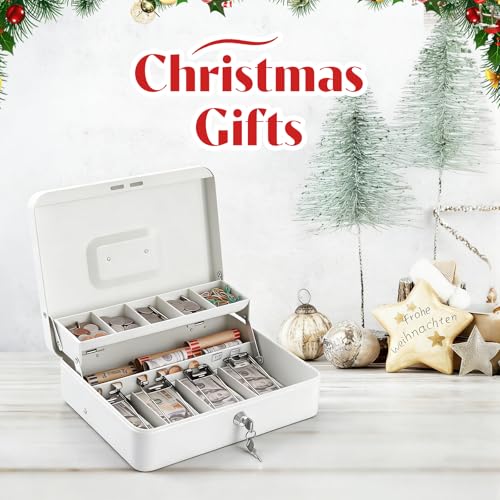 Sumerfnt Cash Box with Lock and Money Tray Money Box for Cash, Metal Lock Box for Money Cash Register - 11.8" x 9.4" x 3.54" White - color: White