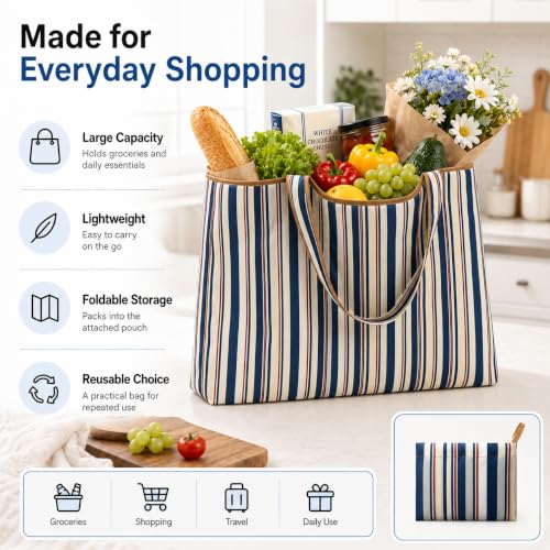 Reusable Shopping Bag, 16 x 16 inch Large Foldable Grocery Hand Tote, Shoulder Waterproof Portable Pocket - color: Mix Stripes