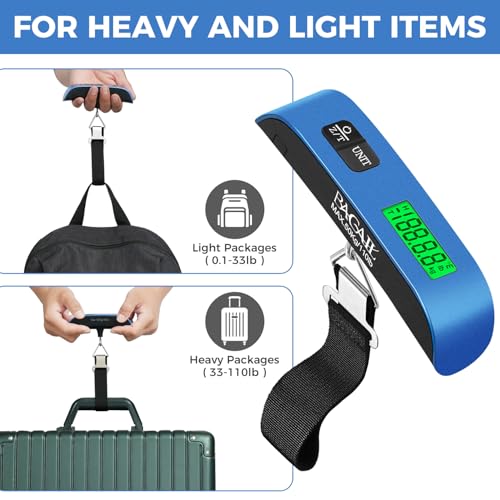 BAGAIL Digital Luggage Scale, 110lbs Hanging Baggage Scale with Backlit LCD Display, Portable Suitcase Weighing Scale, Travel Luggage Weight Scale with Hook, Strong Straps for Travelers - color: Blue
