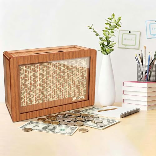 Piggy Bank for Adults Kids, Wooden Coin Bank for Boys and Girls, Cash Vault Money Saving Box with Counter $10000 Savings Challenge Money Box with Money Target and Numbers (2 Pack Brown $10000) - color: 2 Pack Brown $10000