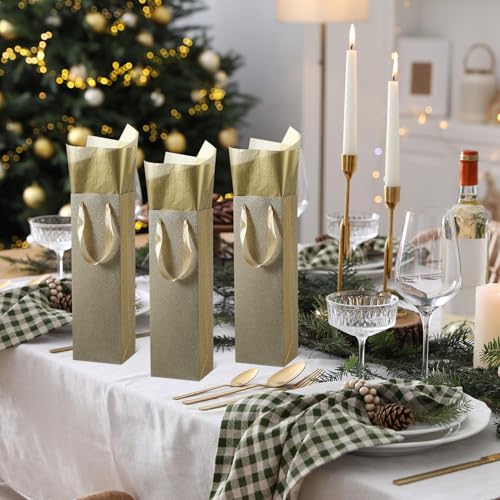 Zonon 24 Pack Kraft Paper Wine Gift Bag Wine Bottle Paper Gift Bag Holder with Handles Retail Bulk for Wedding Party, 4 x 3.5 x 14 Inch(Gold) - color: Gold