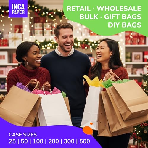 300 Kraft (Brown) Large Paper Bags with Handles of 10" x 5" x 13" | Shopping Bags for Small Business, Food, Grocery Retail, Merchandise | Bulk DIY Gift Bags Wedding, Birthday, Party Favor - size: Brown | 10" x 5" x 13"