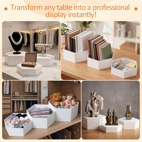 3 Pack Large White Acrylic Buffet Risers 14” 13” 12” Hexagonal - color: White, style: Hexagonal