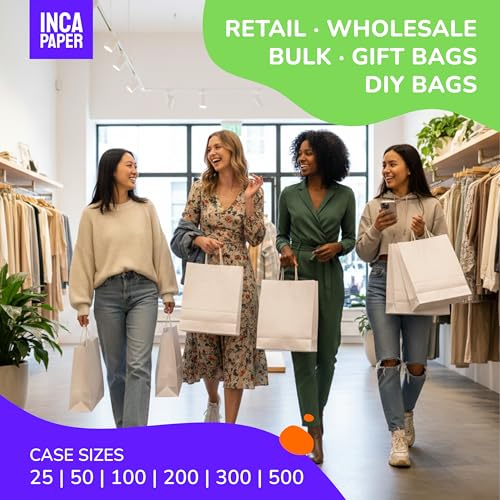300 White Large Paper Bags with Handles of 10" x 5" x 13" Shopping Bags for Small Business, Food, Grocery Retail, Merchandise | Bulk DIY Gift Bags Wedding, Birthday, Party Favor - size: White | 10" x 5" x 13"