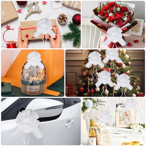 6 PCS White Large Pull Bows for Gift Wrapping Baskets Presents - color: White