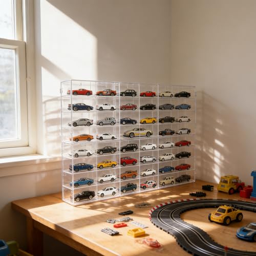 for 48 pcs Matchbox Wheels Car Display Case 1/64 Scale - 48 Toy Cars Hot-Wheel Storage, Acrylic Wall Mount Organizer, Stackable Clear Matchbox Cars Storage Shelf for Collectors