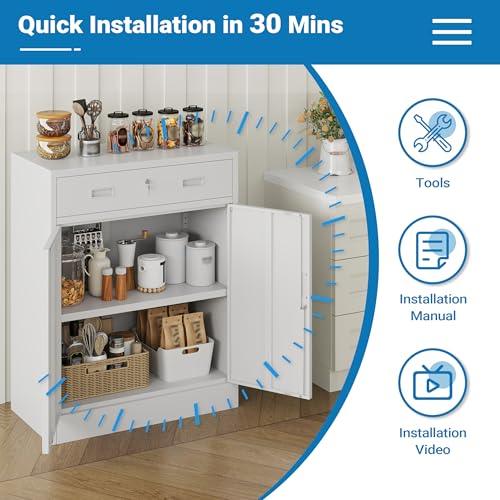 Metal Storage Cabinet, 36" Locking Cabinet with 1 Drawer & Shelves - color: White, size: 36"H×28"W×16"D-1Drawer