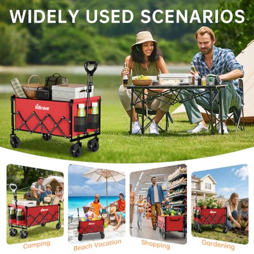 Collapsible Wagon Cart with All-Terrain Wheels, 380LBS, Red - color: Red