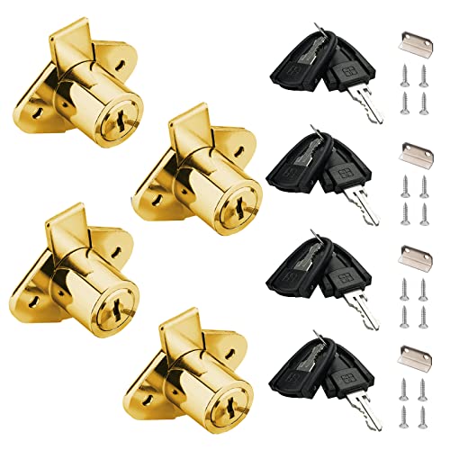 XIEHE 801 Cabinet Drawer Lock with Keys 7/8 inch Outside Cylinder Diameter Keyed Alike 4 Pack Brass Plated - color: Gold, 4PACK, size: 801 Keyed alike