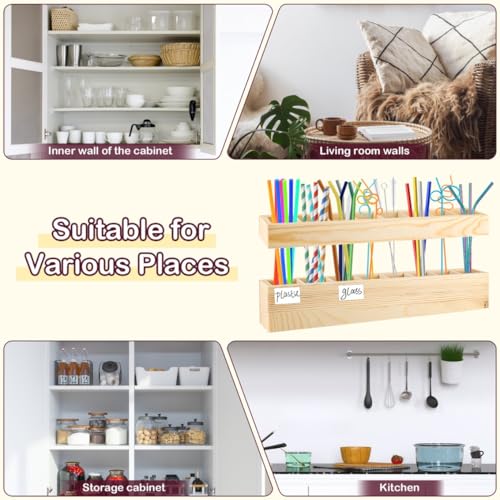 1+2PCS Wooden Straw Holder for Cabinet with Double Sided Adhesive Tape and Label Stickers, 8 Compartments Straw Storage Organizer Rack for Inside Cabinet Door