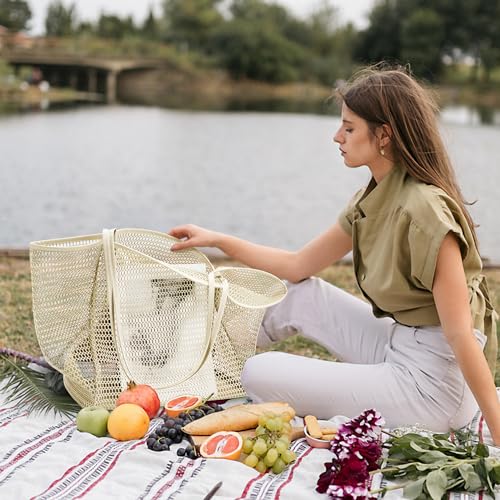 KALIDI Beach Mesh Tote Bag, Casual MAX 23L Summer Foldable Hobo Bag Women - color: Grass Beige