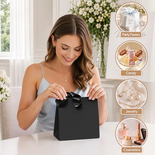 ANZNKU Small Gift Bags with Ribbon Handles 10PCS Black Gift Bags for Candy Goodie Jewelry Party Favors, Reusable Gifts Bag for Men & Women Birthday Party Graduation Bridal Shower Wedding 7.9x3.5x7.1 - color: Black