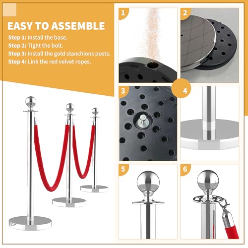 8Pcs Stanchions and Velvet Ropes, Silver Stanchions with Retractable Belts, Crowd Control Barriers with Hollow Base, Red Carpet Ropes and Posts for Event & Party Supplies