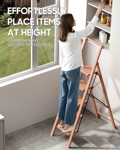 HillhutApex Aluminum 5 Step Ladder, Step Stool Foldable Ladder(Pale Pink) - color: Pale Pink, size: 5 Step With Handrail