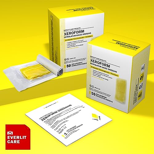 EVERLIT Xeroform Petrolatum Dressing | Sterile, Non-Adherent Occlusive Fine Mesh Gauze Pad | Non-Toxic, Gentle Patch for Burns, Laceration, Surgical Incisions & Skin Grafts (1" x 8" | Pack of 50) - size: 1" x 8" | Pack of 50