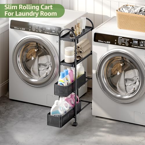 KINGRACK 4 Tier Slim Rolling Cart with Drawer, Metal Utility Storage Cart - color: Black, size: 4 Tier-2BKT