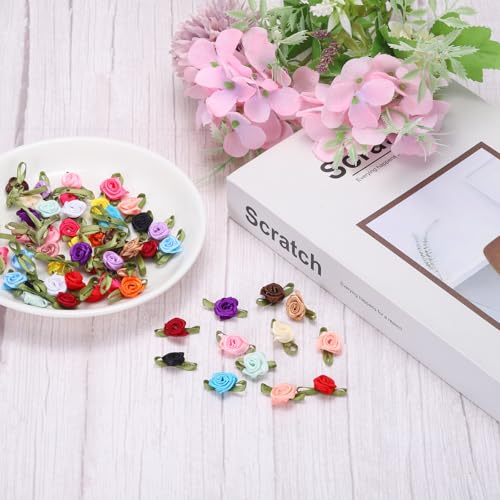 MECCANIXITY 100pcs Pink Ribbon Roses 5/8"x1-3/16" Mini Roses for Crafts Little Satin Bows Roses Artificial Flowers - color: Pink