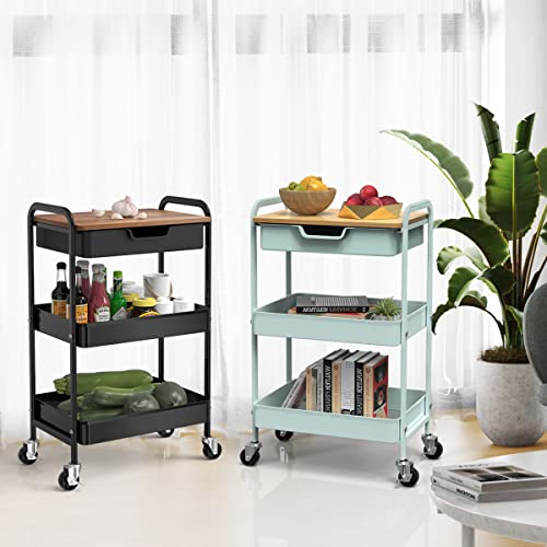 3 Tier Rolling Cart, Utility Cart with Drawer& Table Top, Mint Green - color: Mint Green