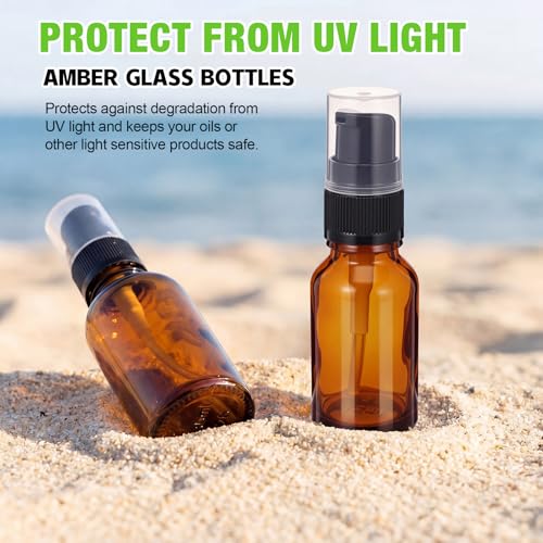 50 Pcs 15ml Empty Refillable Amber Glass Pump Bottles with Clear Top, 6 Funnel, 6 Droppers, Travel Size Cosmetic Dispenser for Cream, Lotion, Sample, Liquids Aromatherapy - color: Amber, size: 15ml