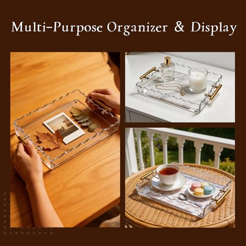 Scalloped Tray, Acrylic Tray with Insert — 12.60 × 7.87 × 1.97 Inches with Magnetic Pad and Handles, Durable Acrylic Organizer for Vanity, Bathroom, Kitchen Countertop & Coffee Table