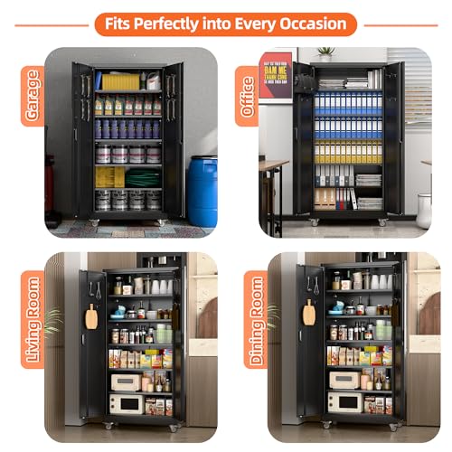 Aobabo Metal Garage Storage Cabinet with Wheels, 71" Tall Lockable Cabinet - color: Black, size: 18"D x 34"W x 71"H