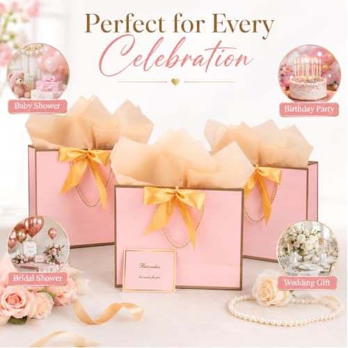 15 Pack Pink Gift Bags Set with Tissue Paper Ribbon for Baby Shower Girls - color: Pink,Golden