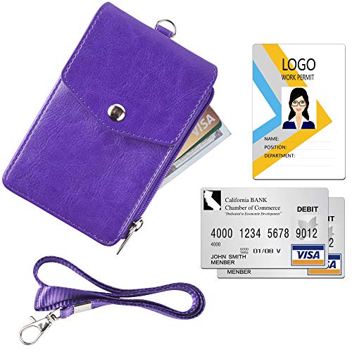 Teskyer Leather ID Badge Holder with Lanyard, Lanyard Wallet, Purple - color: Purple, size: 3.1" x 4.7"
