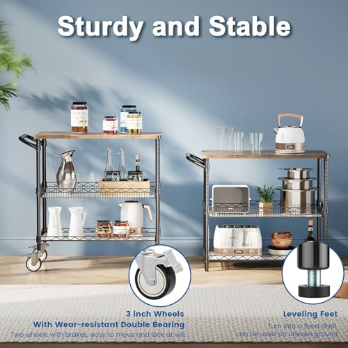 Rolling Kitchen Carts with Wheels, 3-Tier Utility Cart with Wood Tabletop - color: Wood-black