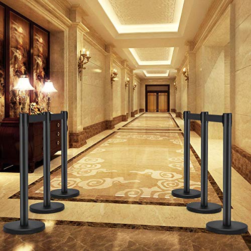 S AFSTAR Retractable Belt Stanchion Set of 6, Heavy Duty Crowd Control Stanchion W/78” Retractable Belt & Stable Base, 35" Height Safety Barriers Stanchion for Theater Hotels Clubs Museums (Black)