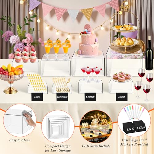 8 Pcs Clear Acrylic Buffet Risers with LED Fairy Lights, Acrylic Food Risers with Mini Sign and Maker, Clear Buffet Risers and Stands for Party Catering Dessert Collectibles(9" 8" 7" 6" 5" 5" 4" 4" ) - color: Clear 9" 8" 7" 6" 5" 5" 4" 4"