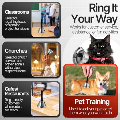 Flexzion Hand Bell for Service - Loud Dinner Bell & Desk Bells with Black Handle, Silver Steel Ringer for Classroom, Hotel Front Desk, School, Elderly at Home Nurse Call Pet Training Food Line, 2 Pack
