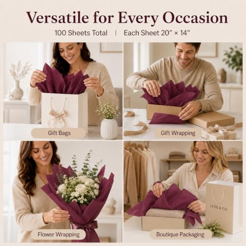 ROVIBIOBIO 100 Sheets Burgundy Tissue Paper for Gift Bags, 20 x 14 Inch - color: Burgundy