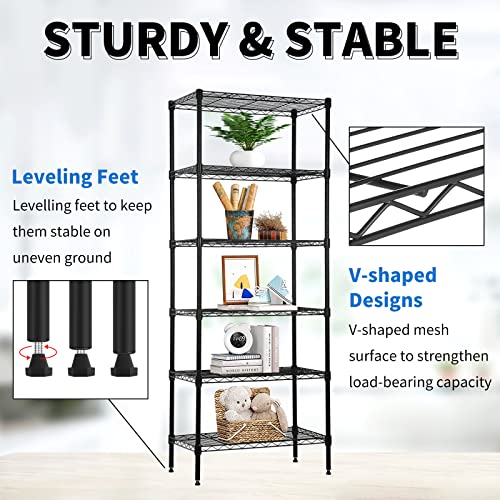 6 Tier Storage Shelves Rack, Adjustable Wire Shelving 23 x 13 x 59 - color: Black, size: 13"D x 23"W x 60"H