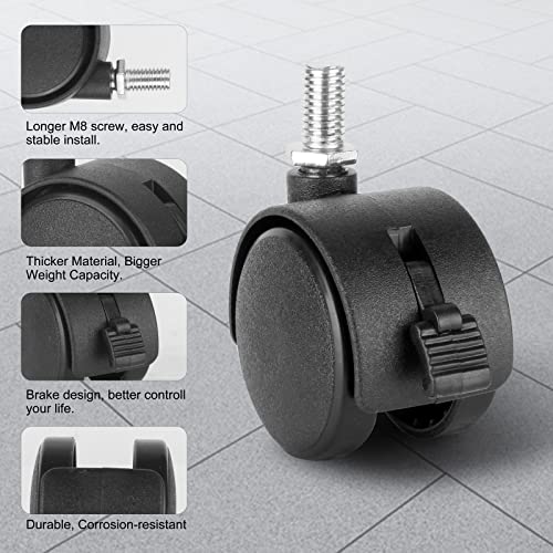 4 Pack 1.5 Inch Swivel Stem Caster Wheels Replacement Casters 1.5'' Furniture Wheel with Locking Brake Metric Threaded Stem M8 Wheels for Table Drawer Plant Shelf Metal Rack Laundry Basket