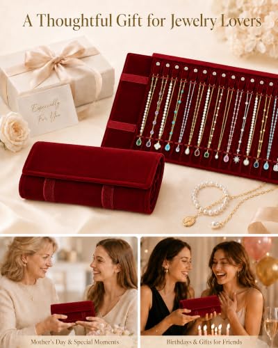 Travel Necklace Organizer, Tangle Free Jewelry Case, 16 Slots - color: Burgundy