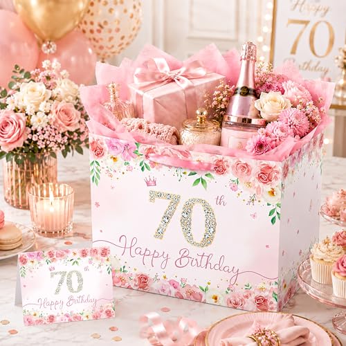 QISOLIY Pink Floral 70th Birthday Gift Bag for Women, Large Happy 70th Birthday Gift Bag with Tissue Paper and Greeting Card Included, Elegant Birthday Present Bag for Mom, Grandma, Sister and Friend - color: 70th